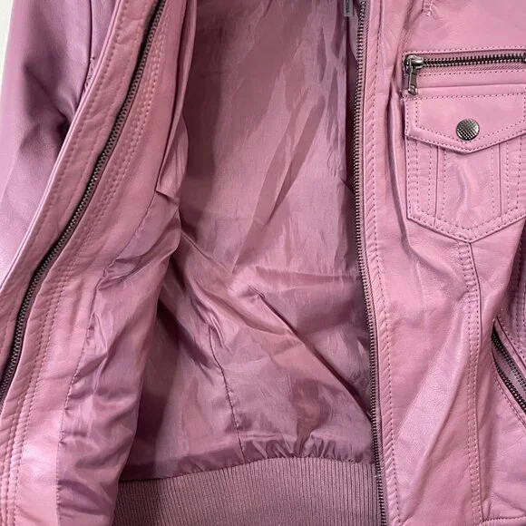Womens Mauve Faux Leather Jacket With Zipper Pockets & Snap Closures Size S - Picture 6 of 10